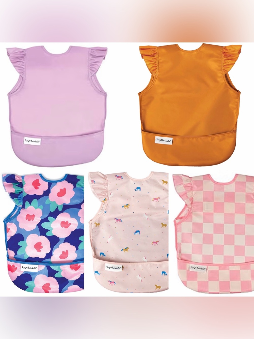 6-24M Tiny Twinkle 5 Pack Waterproof Ruffle Apron Bibs Solids Floral Checkered